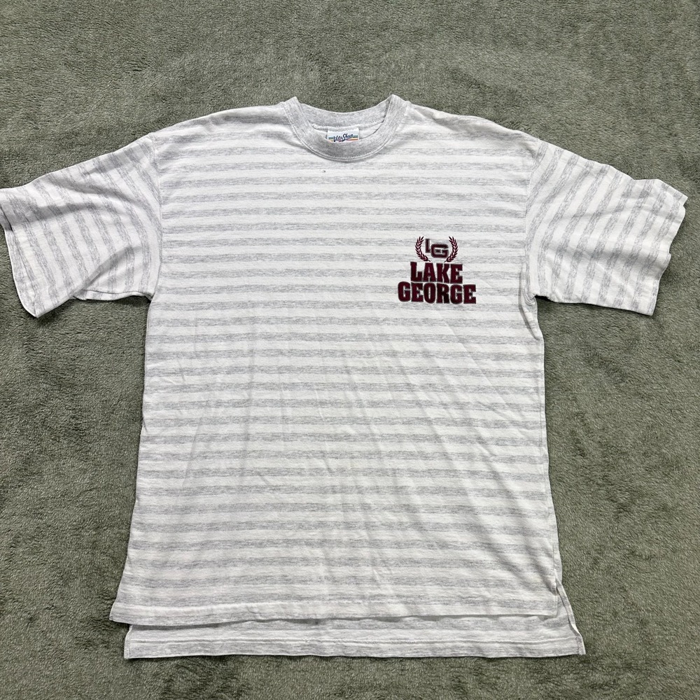 Vintage Mens T-shirt, Lake George, Velva Sheen, L/XL, grey and white stripe‎